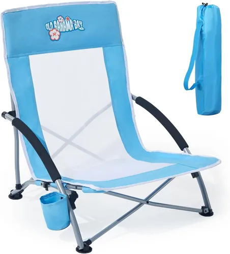 Old Bahama Bay Silla de playa ergonómica baja para soporte de espalda, silla de arena plegable resistente de 350 libras con malla transpirable,