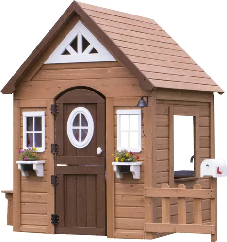 Backyard Discovery Aspen - Casa de juegos de madera de cedro para niños tipo cabaña con cocina de juego, barra de aperitivos, banco de pícnic