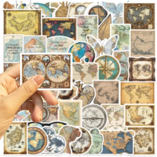 Vista 3 de Paquete de 50 calcomanías de mapas vintage, calcomanías de mapas del mundo de grafiti para maleta, guitarra, botellas de agua, laptop, computadora