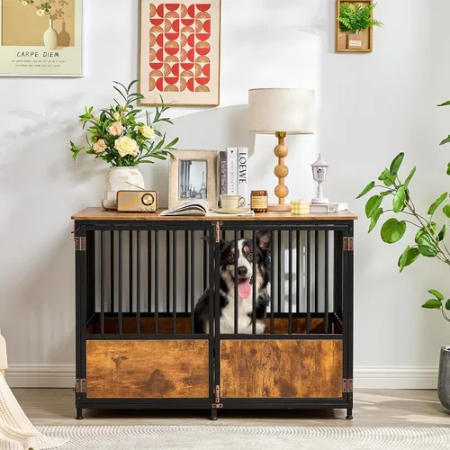 Vista 9 de KOOPRO Mueble de jaula para perros de 32 pulgadas con cojín para perros grandes y medianos, perrera de madera resistente con puertas dobles, jaula