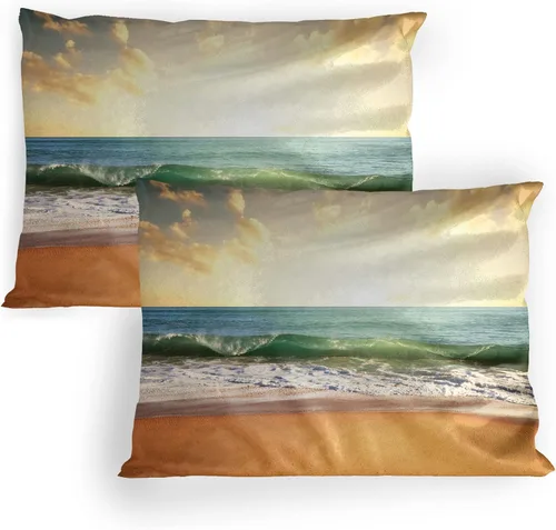 Lunarable Ocean Pillow Sham Set of 2, Sunset at a Smooth Sandy Beach with Small Wave and Bubbles from The Sea, Quality Microfiber Bedding Item for