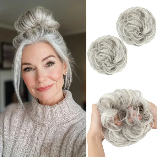 Vista 29 de SarLa - 1 pieza de cabello sintético en forma de moño estilo rizado, recogido y desordenado, y con banda elástica para mujeres