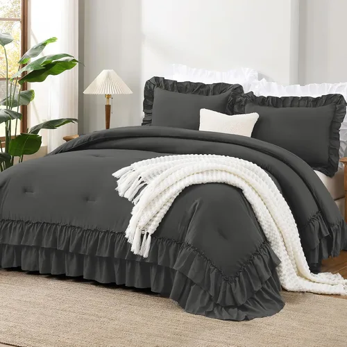 Vista 19 de Andency - Juego de edredón beige tamaño matrimonial, 3 piezas, estilo shabby chic, con volantes, edredón suave, ligero y esponjoso, de microfibra