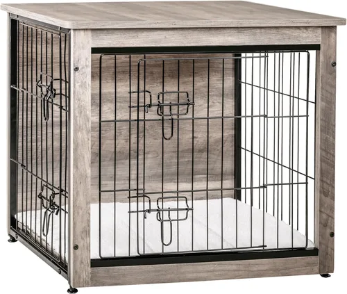 Vista 37 de DWANTON - Perrera con cojín, de madera, con puertas dobles, para interiores, S, M, L, 27.2 pulgadas de largo, negro