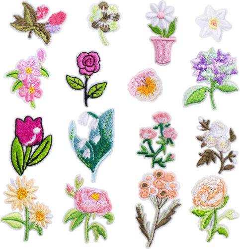 Vista 11 de HINZIC 10 mini parches de flores para planchar, 10 patrones, parches decorativos bordados, apliques de costura floral, apliques de San Valentín