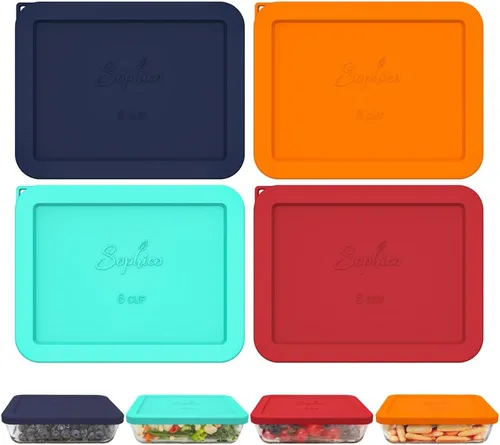 Sophico Tapa de almacenamiento rectangular de silicona para 6 tazas de repuesto para cuencos de vidrio Pyrex 7211-PC, recipiente no incluido (MIX)