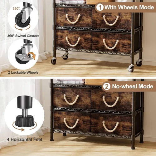 Vista 3 de Maiproo Perchero con cajones con ruedas resistentes para colgar ropa con 4 cajones de tela ajustables con ganchos laterales dobles para armario