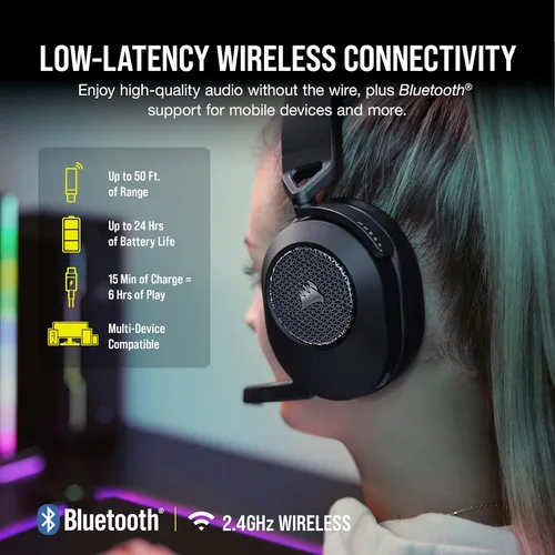 Vista 2 de Corsair Auriculares inalámbricos para juegos HS65 - Auriculares inalámbricos de baja latencia de 2.4 GHz o Bluetooth, Dolby Audio 7.1 sonido