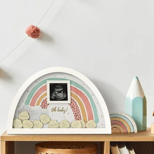 Vista 5 de Kate Aspen Boho Baby Shower Guest Book Alternative Rainbow Frame with 30 Wooden Clouds, Frame for Sonogram Picture, Rainbow Baby Shower Decorations