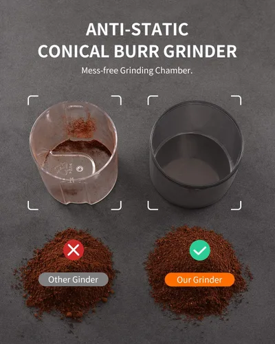 Vista 2 de KIDISLE Molinillo de café con rebabas cónicas, molinillo eléctrico de granos de café para moler preciso, 35 ajustes, selector de 2 a 12 tazas