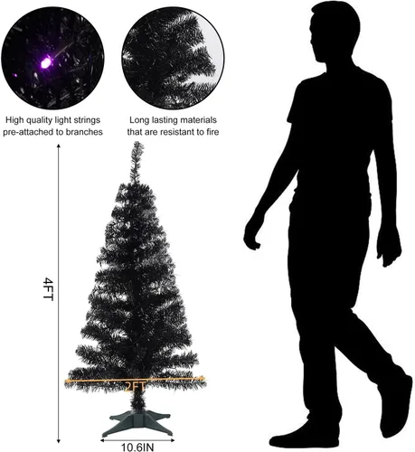 Vista 3 de Juegoal - Árbol de Navidad artificial iluminado de Halloween, 4 pies, oropel negro preiluminado, árboles de pino de Navidad con 70 luces LED
