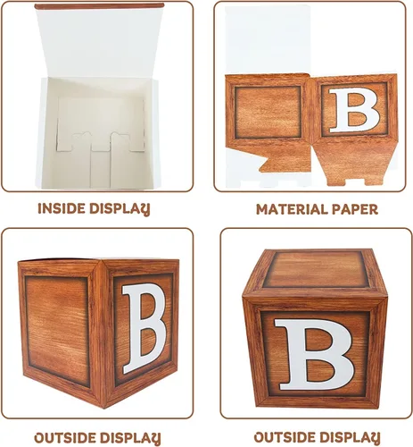 Vista 2 de Cajas de baby shower para decoraciones de cumpleaños – 4 cajas de globos de bebé de grano de madera marrón, cajas de bebé para decoración de centro