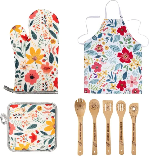 Vista 19 de 10 Pcs Kitchen Stuff Accessories Include 5 Cute Wooden Spoons & 2 Kitchen Oven Mitts & 2 Pot Holders & 1 Kitchen Apron,Gifts for Women