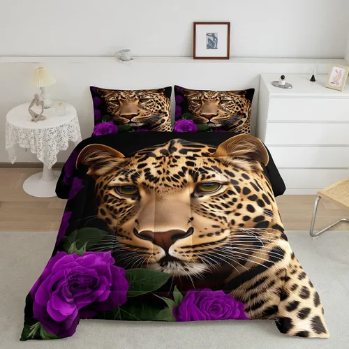 Vista 10 de Erosebridal Juego de ropa de cama de guepardo con rosa azul, juego de edredón con estampado de leopardo y gato, edredón romántico de plumón