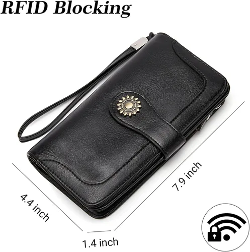 Vista 2 de BROMEN Billeteras de cuero para mujer cartera grande de mano para teléfono 2-negro Vintage