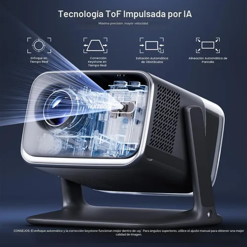 Vista 8 de Aurzen BOOM - Mini proyector inteligente Google TV con WiFi y Bluetooth, control de voz, modo familiar, audio Dolby de 20 W, enfoque en tiempo real