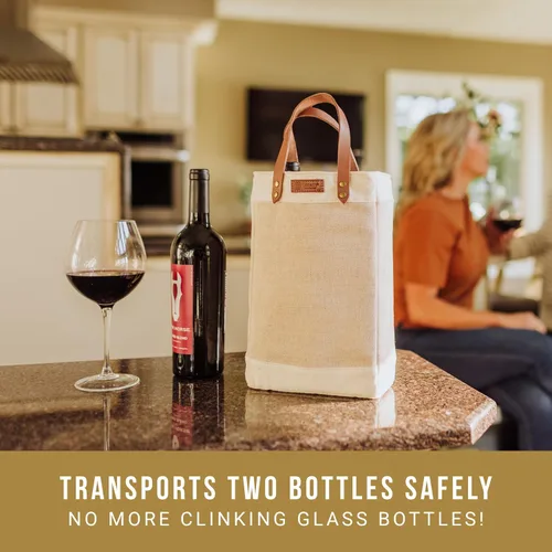 Vista 2 de LEGACY - una marca de Picnic Time - Bolsa de vino aislada de yute Pinot para 2 botellas - Bolsa de vino - Bolsa de regalo de vino, (Beige)