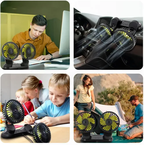 Vista 7 de Ventilador para coche, ventilador de doble cabezal ajustable de 360°, ventilador de refrigeración de auto eléctrico de 3 velocidades, ventiladores