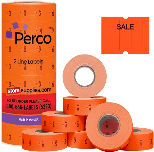 Vista 32 de Perco Etiquetas amarillas de 2 líneas, 8 rollos, 1 manga, 6,000 etiquetas de precio en blanco y fecha para pistolas Perco de 2 líneas de precio