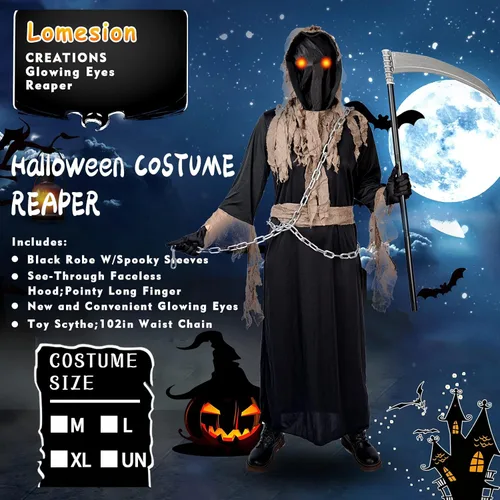 Vista 3 de Grim Reaper Costume for Kids & Adults Halloween Costume with Glowing Red Eyes,Scythe Included Brown Grey