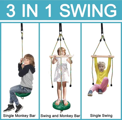 Vista 2 de Columpio para niños, juego de columpios de árbol de disco, accesorios de cuerda ajustable con barras de mono, 1 mosquetón, 2 correas para colgar, 3