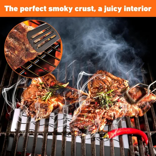 Vista 6 de Skyflame Caja de Ahumador de Virutas de Madera, Caja de Humo de Barbacoa Doble en Forma de V de Acero Inoxidable con Tapa con Bisagras para Parrilla