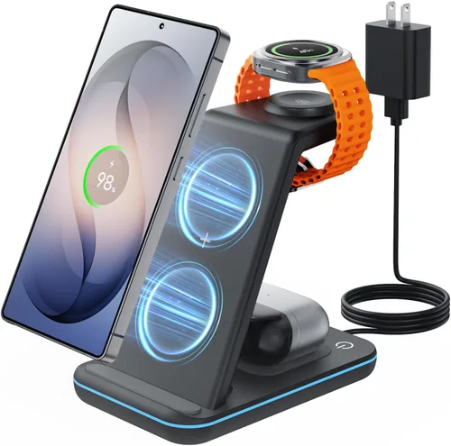 Cargador inalámbrico para Samsung y Android: estación de carga JoyGeek 3 en 1 para S26/S25/S24/S23/S22/S21/S20/Note20/Z Fold&Flip, Galaxy