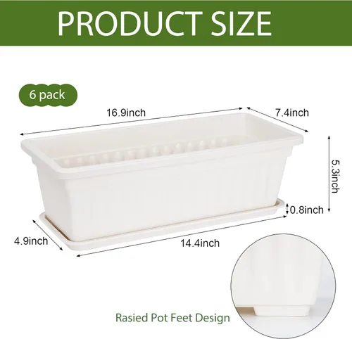 Vista 2 de HOXHA Macetero para ventana, macetas de plástico para verduras con bandeja, macetas rectangulares para interiores y exteriores para alféizar