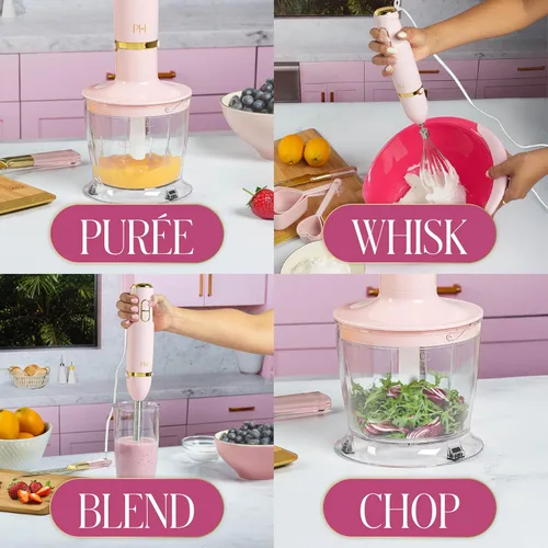 Vista 4 de Paris Hilton - Juego de batidora de mano, 2 en 1, batidora de inmersión con varilla y eje mezclador, 400W de alta velocidad, rosa con acentos