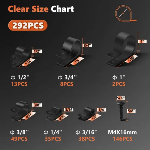 Vista 5 de Abrazaderas de cable, 292 piezas de clips para cable para organizador de gestión de cables, 6 tamaños - 3/16'' 1/4'' 3/8'' 1/2'' 3/4'' 1'' Kit