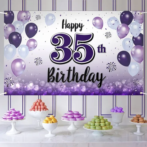 Vista 52 de Decoraciones de feliz cumpleaños número 10, cartel grande de globo morado para cumpleaños número 10, suministros para fiesta de cumpleaños de 10