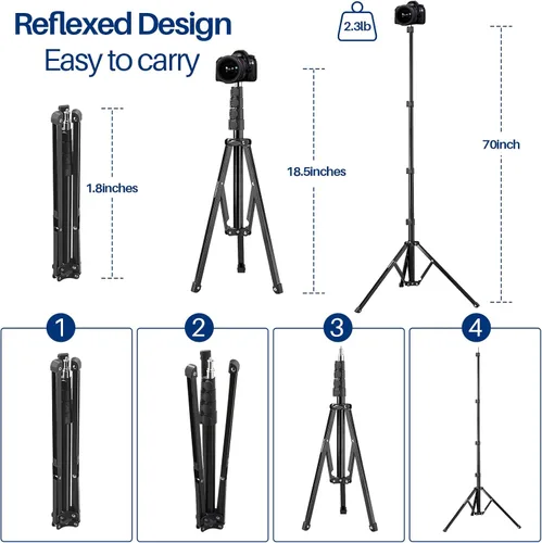 Vista 2 de WELLMAKING Soporte de luz, soporte de luz LED de 72 pulgadas, trípode de luz plegable inversa, 2 piezas estándar de 1/4 a 3/8 pulgadas, convertidor
