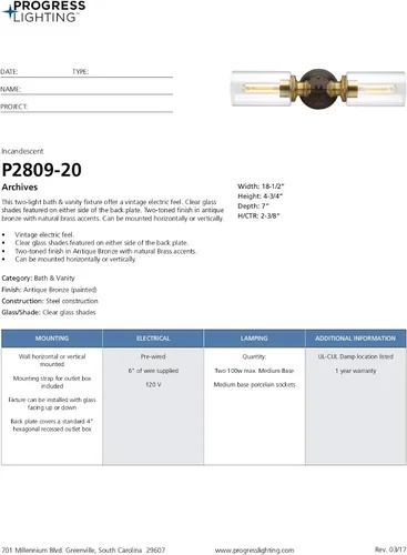 Vista 17 de Archives Collection - Lámpara de tocador de baño de cristal transparente con 2 luces, bronce antiguo