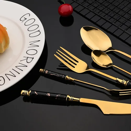 Vista 2 de JASHII Juego de cubiertos con mango de plástico texturizado de mármol para 4, cubiertos de acero inoxidable, 20 piezas, incluye tenedor de cuchara