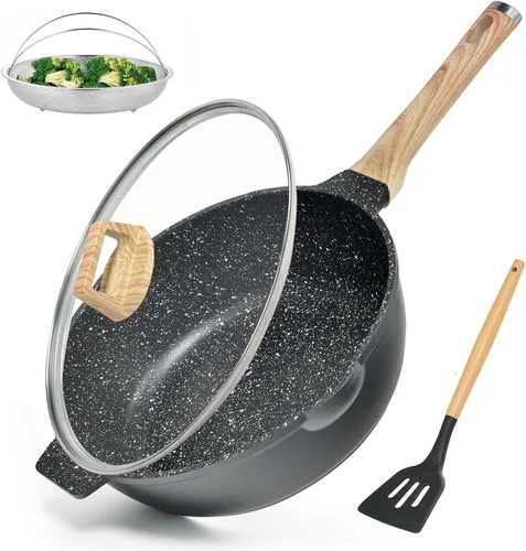 Sartén profunda antiadherente con tapa y colador, sartén de 12 pulgadas / 5.5 cuartos de galón, sartén de granito antiadherente para cocinar, sartén