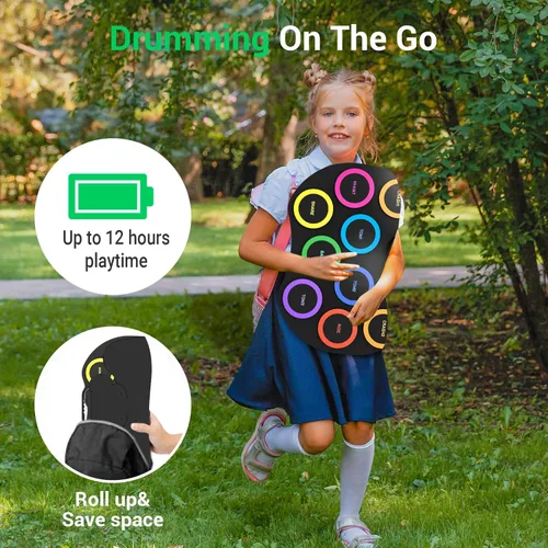Vista 5 de ROCKSOCKI Juego de Tambor Electrónico de 9 Almohadillas con Luces LED, Kit de Tambor Electrónico Portátil Bluetooth, Almohadilla de Práctica