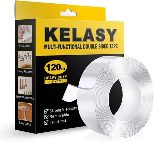 Kelasy Cinta nano de doble cara resistente, cinta adhesiva extra fuerte de doble cara, 1.2 x 120 pulgadas, cinta adhesiva transparente para pared