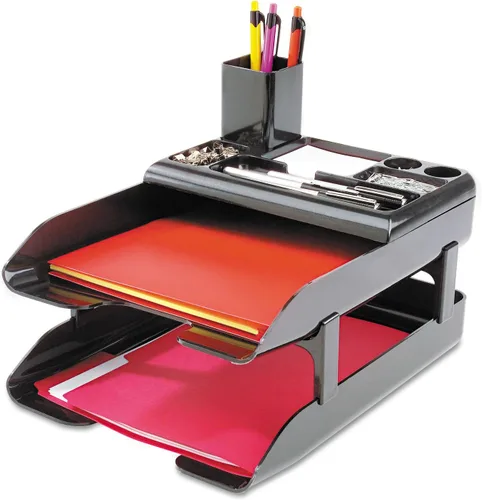 Deflecto 583004 Bandejas de escritorio corporativas, negro metálico, 2 bandejas, organizador y taza/juego de lápices