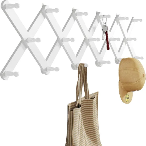 Vista 9 de OROPY Perchero de pared de acordeón de madera, soporte de pared expandible con 14 clavijas, perchero expandible para sombreros para pared