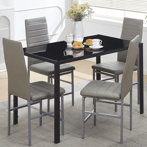 Vista 18 de Juego de mesa de comedor de cristal de 5 piezas con sillas, juego de mesa de comedor moderno para 4, juego de mesa y sillas de cocina de cristal
