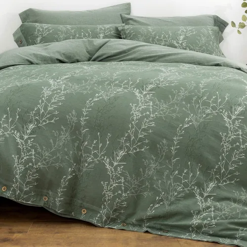 Vista 12 de Juego de funda de edredón tamaño matrimonial/queen, hilo de algodón lavado, jacquard azul y blanco, patrón de ramas gruesas, estilo floral, juego