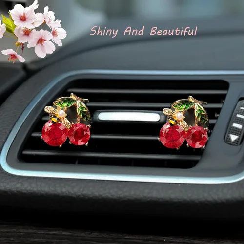 Vista 3 de ORIESSE Decoración de coche de cereza, 2 piezas de clips de ventilación para ambientador de coche de hoja de abeja, lindo retro dulce temático