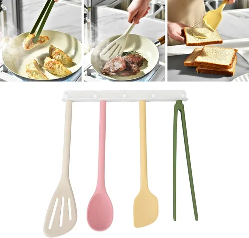 Vista 7 de 5 Pieces Silicone Kitchen Utensil Set, Integrated Silicone Cooking Utensils Spatulas Spoon Food Tongs and Hook Storage Rack Baking Supplies for