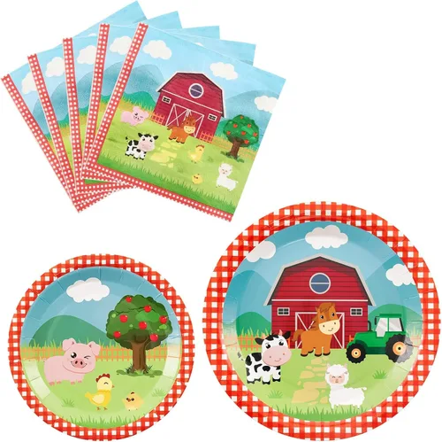 WERNNSAI Platos y servilletas de granja – 48 piezas de decoración de cumpleaños de animales de granja, platos de papel de granero para niños, fiesta