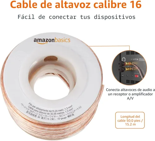 Vista 2 de Amazon Basics Cable de cable de altavoz de calibre 16, marca de polaridad, 50 pies, transparente