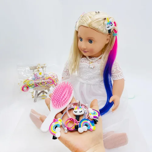 Vista 7 de Accesorios para el cabello de muñeca de 18 pulgadas para muñecas American OG, cepillo de pelo, kit de unicornio arco iris, accesorios para niñas