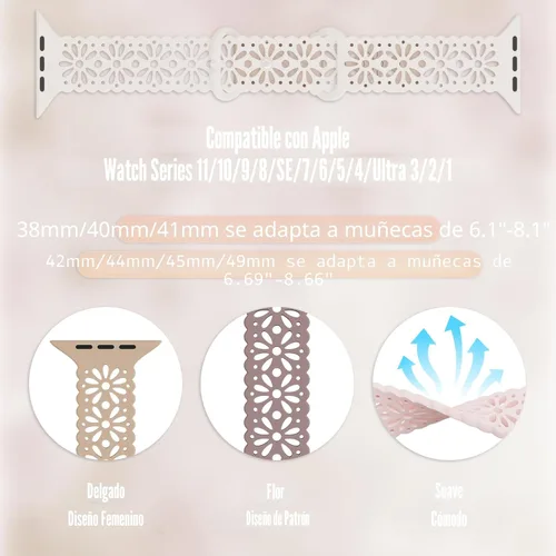 Vista 2 de 5 Pack Slim Lace Silicone Compatible for Apple Watch Band 38mm 40mm 41mm 42mm 44mm 45mm 46mm 49mm, Thin Hollow-out Breathable Strap for iWatch Ultra