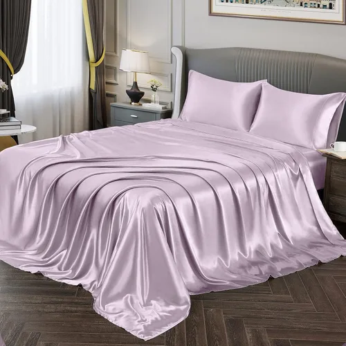 Vista 9 de Seda satinada suave de tamaño King (juego de ropa de cama de 5 piezas, muchos más colores), seda satinada rosa, edredón, juego de sábanas, sábana
