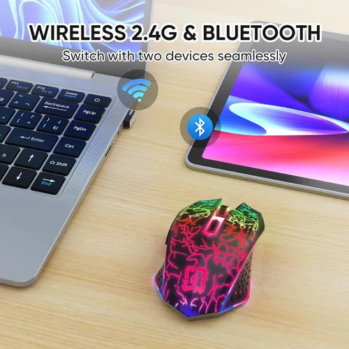 Vista 2 de MELOGAGA Ratón inalámbrico Bluetooth para juegos, 2.4G inalámbrico RGB recargable para juegos de PC, negro