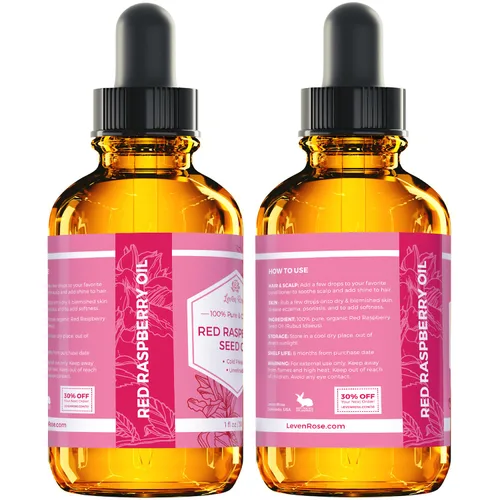 Vista 4 de Aceite de semillas de frambuesa roja de Leven Rose, 100 % orgánico, natural para el rostro, manos, cicatrices, y estrías, 1 onza